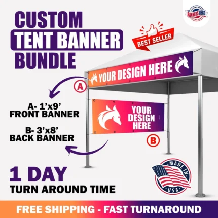 Tent banners bundle, Banners for outside events, Promotional tent banners, Festival tent banners, Front 1x9 and Back 3x8 Banner for Canopy