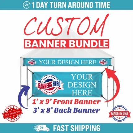 Two Custom Banners, Front 1x9 and Back 3x8 Banner for 10x10 Canopy, Tent Banner with Logo, Trade Show, Festival, Events, Canopy Vinyl Banner